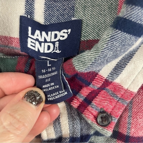 Lands' End Men's Flannel Button Up Plaid Shirt Standard Fit 100% Cotton Soft L - Picture 10 of 13